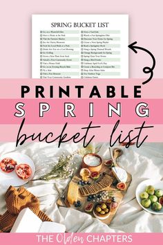 the printable spring bucket list is on top of a bed with white sheets and pink trim