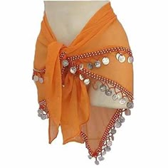 an orange scarf with silver buttons and beads on the front, tied to a mannequin torso