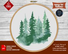 a cross stitch pattern with pine trees in the background and text that reads easy to follow