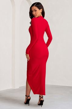 This scarlet showstopper is our Alana maxi dress crafted in Club L's signature stretch jersey. Dramatic yet demure. the red maxi dress features a high neckline. fitted sleeves and a long wrap skirt with artful ruching. Pair this bodycon dress with strappy black stilettos for an unforgettable evening outfit.Features- Premium stretch jersey- High neckline - Long sleeves- Bodycon fit- Invisible zip fastening- Wrap ruched skirt- Maxi lengthSizing & FitModel is 5'8" and wears UK size 8 / US size 4Pro Long Wrap Skirt, High Neck Maxi Dress, Red Maxi Dress, Evening Outfit, Black Dress Prom, Black Tie Gala, Fitted Sleeves, Red Maxi, Ruched Skirt