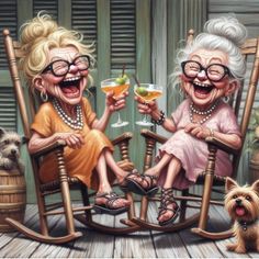 two older women sitting on rocking chairs with drinks in their hands