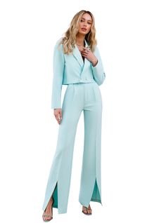 2-piece Womens Blazer Trouser Suit for office, business meetings, formal events and special occasions. Also perfectly combines with sneakers so after a long and tiring business day you can change you heels to sneakers and still look chic. DETAILS -  straight legs pants -  high rise -  front slits -  blazer is buttoned -  lined -  cropped blazer  - blazer length is 18,1 in or 46 cm - sleeve length is 23,6 in or 60 cm - pants length is 44,8 in or 114 cm  - inseam length is 34,2 in or 87 cm MATERIA Tailored Notched Pantsuit For Formal Occasions, Chic Blue Semi-formal Sets, Spring Formal Pantsuit For Office, Blue Notch Lapel Pantsuit For Party, Chic Notched Pantsuit For Formal Occasions, Chic Formal Notched Pantsuit, Blue Pantsuit, Pantsuit For Women, Light Grey Suits