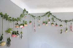 flowers are hanging from the ceiling in a room with grey walls and white carpeting