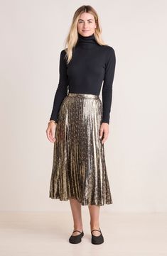 Narrow pleats animate a shimmery metallic midi skirt that lets you shine at any festive event. 32" length (size Small) Back elastic waist Lined 65% viscose, 35% metallic fibers Hand wash, line dry Imported Metallic Midi Skirt, Metallic Pleated Skirt, Metallic Fabric, Pleated Midi Skirt, Vineyard Vines, Pleated Skirt, Floral Skirt, Dress Skirt, Vines