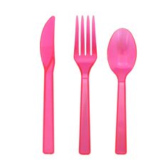 pink plastic forks and spoons on a white background