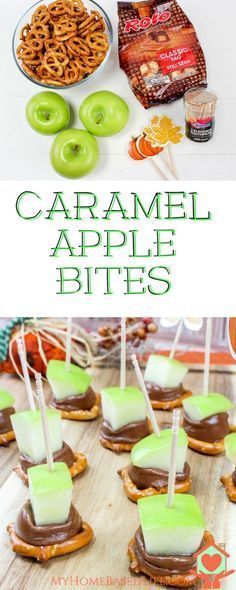 caramel apple bites with pretzels and apples on them are the perfect snack for fall