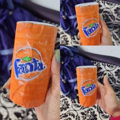 two pictures of an orange cup with the word fritola on it in blue and white