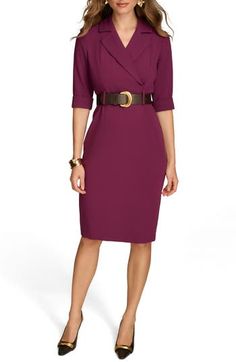 Smooth darts and a bold belt elevate this go-anywhere sheath dress topped by notched lapels. 40 1/2" length Back zip closure Notched lapels Short sleeves Removable belt Lined 63% polyester, 32% rayon, 5% spandex Dry clean Imported Women’s Sheath Dress, Classic Fitted Belted Semi-formal Dress, Classic Fitted Belted Dress For Semi-formal Occasions, Fitted Belted Dress With Lapel Collar, Classic Fitted Belted Dress For Office, Classic Fitted Belted Dress For Formal Occasions, Fitted Classic Belted Dress For Office, Classic Formal Belted Fitted Dress, Classic Fitted Belted Dress For Workwear