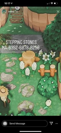 an animated image of stepping stones in a park with trees and flowers on the ground