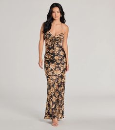 Showcase a sexy-chic aura in this slim-fit maxi dress designed with silky satin woven fabric accented with a blooming floral print. The long dress features a sleeveless sweetheart neckline with a pleated bust and tie-front detail, adjustable spaghetti straps leading to a cross-back design, and a lower back cutout that extends to each side of the waist for a hint of allure.Fit & FeaturesFloral-printed satin woven fabric,Sweetheart neckline with pleated bust, tie-front detailAdjustable spaghet Orange Homecoming Dresses, Backless Dress Short, Purple Homecoming Dress, Green Homecoming Dresses, Velvet Prom Dress, White Homecoming Dresses, Maxi Dress Designs, Homecoming Outfits, Lace Dress Styles