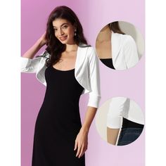 This elegant and formal shrug is the perfect addition to your fall wardrobe. It is versatile and can be worn on many occasions, such as at the office, work, business meetings, or even a cocktail party. The shrug's classic silhouette features an open neck and elegant three-quarter sleeves, which add to its charm and sophistication. To achieve a casual weekend look, you can match it with everyday skirts or dresses. The shrug complements elegant cami dresses and pairs well with sandals, making it a Spring Formal Fitted Shrug, Elegant Party Shrug For Fall, Elegant Fitted Cardigan For Work, Elegant Fall Party Shrug, Formal Spring Long Sleeve Shrug, Elegant White Fitted Cardigan, Elegant Fitted Cardigan, Fitted Open Front Shrug For Party, Elegant Fitted Spring Cardigan