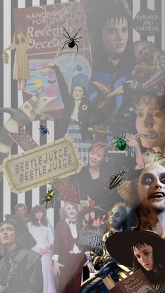 a collage of photos with the words beetlejuice, beetle and other characters