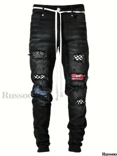 Russoo - Refined Palid Patchwork Slim Fit Jeans: Mens Versatile Mid-Stretch Tapered Denim Pants, Ideal for All Seasons Dark Wash Patchwork Bottoms For Streetwear, Patched Jeans For Streetwear In Fall, Patchwork Dark Wash Bottoms For Streetwear, Fall Streetwear Jeans With Patches, Casual Black Patchwork Jeans, Stretch Cotton Jeans With Patchwork, Stretch Cotton Patchwork Jeans, Black Patchwork Denim Jeans, Black Patchwork Straight Leg Jeans