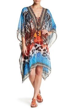 Luxury Lace up Kaftan in Blue animal print | Elegant Lounge wear - Hot Boho Resort & Swimwear Elegant Lounge Wear, Elegant Lounge, Designer Resort Wear, Kaftan Designs, Sheer Cover Up, Moroccan Caftan, Clothes Closet, Tiger Lily, Beachwear For Women