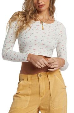 A comfy thermal top is updated in a cool cropped silhouette for day-to-night appeal. Notched scoop neck Long sleeves 49% polyester, 48% viscose, 3% elastane Machine wash, tumble dry Imported White Caps, Thermal Top, Billabong, Scoop Neck, Crop Top, Tee Shirts, Nordstrom, Long Sleeves, Womens Tops