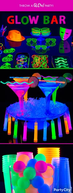 neon colored cocktails are sitting on a tray