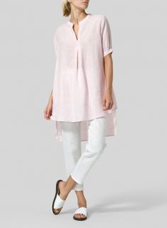 Linen Mandarin Collar A Shape Blouse－Design at the hemline helps create an elongated silhouette. Feminine, flowy but unique looking for your everyday style. Everyday Is A New Beginning, Linen Wardrobe, Linen Plus Size, Vivid Linen, Pink Look, Outfit For Travel, Kurta Designs Women, Linen Clothing, A New Beginning