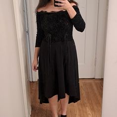 Stunning Off-The-Shoulder Dress From The Iconic Goth Brand, Tripp. The Lace At The Neckline, Velvet Details, High-Low Hem, And Corset Ribbons Make This Piece So Unique. The Size Reads 0, Which I Believe Is A Plus Size, But It Also Fits Me (Size Medium) Quite Well. Goth; Vamp; Whimsigoth; Dark Academia Tripp Nyc Dress, Nyc Dresses, Lace Up Corset, Tripp Nyc, How To Make Ribbon, Prom Wedding, A Plus, Dark Academia, High Low Dress