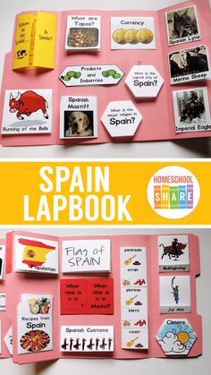 a spanish lapbook with pictures and words written on it, which are attached to a pink board