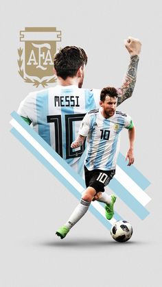 two men playing soccer against each other in front of a shield with the words messi on it