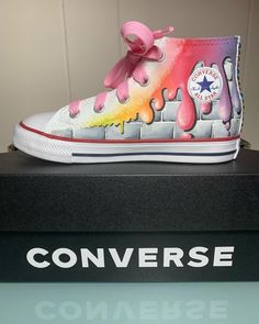 "These hand-painted converse are made to order in your little kids size - so they can take 4-6 weeks to ship. The price includes a new hand-painted pair of white high top little kids converse sneakers in the size that you select. Make sure you know the correct little kid Converse size for your child as these are made to order and cannot be exchanged or refunded. The size drop down lists the little kids unisex sizes available (typically for 4-8 year old kids). Every pair is unique. If you like the design shown, I can replicate it very closely, but the finished product may vary slightly OR if you prefer... other custom themes are also available. The price of a different design or custom theme may vary from the price shown for this design - depending on complexity. Please click the \"Ask a Qu Fun Hand Painted High-top Custom Sneakers, Hand Painted Multicolor Custom Sneakers With Round Toe, Multicolor Hand Painted Custom Sneakers With Round Toe, Artistic Pink Sneakers With Round Toe, Artistic Pink Round Toe Sneakers, Multicolor Custom Artwork Sneakers With Round Toe, Handmade Multicolor Low-top Sneakers, Painted Converse, Paint Themes