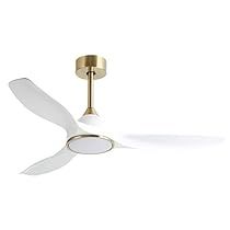 a white ceiling fan with a light on it's side and two blades hanging from the ceiling