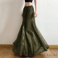 Lasaky - Vintage Lace Patchwork Low-Waist Midi Skirt with Zipper Deer Suede Velvet Sweep Train Hem Green Maxi Skirt, Maxi Skirts Summer, Skirts Summer, Long Skirts For Women, Long Maxi Skirts, Lace Patchwork, Velvet Lace, Linnet, New Green