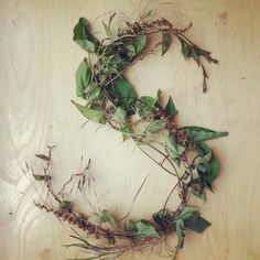 a wreath made out of leaves and twigs on a wooden surface with the letter s