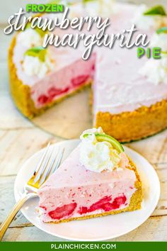 a slice of frozen strawberry margarita pie on a plate