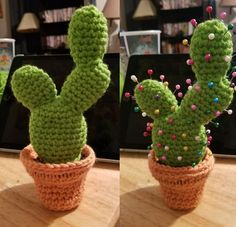 a crocheted cactus sitting on top of a wooden table