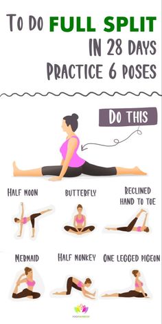 a woman doing yoga poses with the instructions to do full split in 3 days practice 6 poses