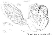 a drawing of two people kissing each other with wings flying above them and the words i'll eat you on the other side