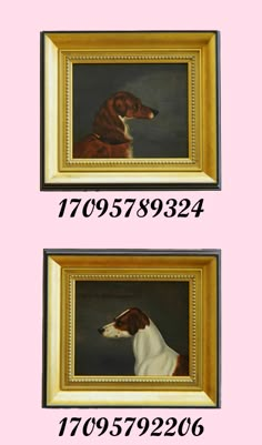 two paintings of dogs in gold frames on a pink background with the same dog's name