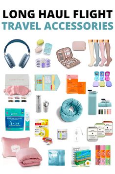 there are many different items that can be found in this travel accessory collection, including headphones, toiletries, books, and more