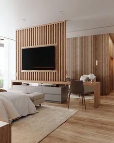 a bedroom with a tv mounted on the wall