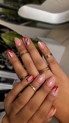 Orange And Gold French Tip Nails, Mixed Design Nails, Structured Manicure Ideas, Orange Double French Tip Nails, Red Orange French Tip Nails, Gel Natural Nails Manicures, Small Almond Nails Design, Short Oval Nails Designs, Almond Shape Orange French Tip