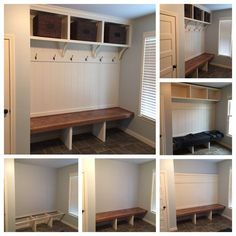 several pictures of the inside of a room with benches and storage bins on each side