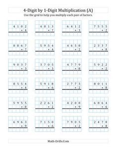 4-digit by 1-digit Multiplication with Grid Support Including Regrouping (A) Long Multiplication Worksheets, Multiplication Grid, Long Multiplication, Math Drills, Multiplication Practice