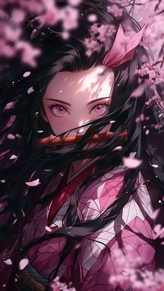 an anime character with long black hair and pink eyes, standing in front of cherry blossoms