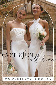 two beautiful women in white dresses standing next to each other