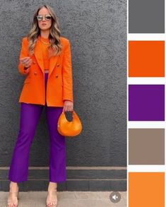 Purple Colorblock Outfit, Outfits Con Blazer Naranja, Purple Color Combinations Outfit, Orange And Purple Outfit, Orange Blazer Outfits, Contrast Outfit, Orange Blazer