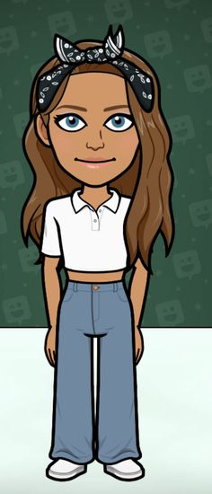 a cartoon girl with long hair wearing blue jeans and a white shirt is standing in front of a green wall