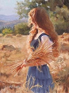 a painting of a girl in a blue dress holding a bundle of wheat while standing in a field