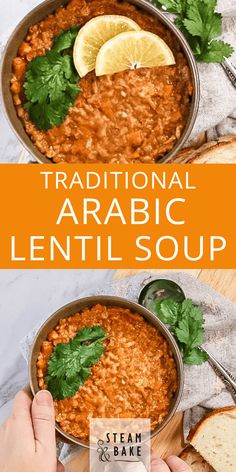 a bowl of lentil soup with bread and parsley on the side text reads traditional arabic lentil soup