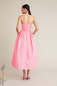 Looking for a unique and stylish dress for your next special event? Check out the Audrey+Brooks 6237 Strapless midi dress! This gorgeous dress features a draped bodice with a bow at the waist, a full midi skirt silhouette with crinoline, and a hidden back zipper. It's also satin lined for an extra touch of luxury. Made from 83% ACRYLIC and 17% POLYMETALLIC, this dress is sure to turn heads wherever you go. Feminine A-line Strapless Evening Dress, Glamorous A-line Strapless Dress For Weddings, Feminine A-line Strapless Dress For Evening, Elegant A-line Strapless Dress For Gala, Glamorous Jacquard Dress For Formal Occasions, Feminine Jacquard Evening Dresses, Pink Tea Length Evening Dress, Pink Tea-length Evening Dress, Gala Jacquard Dress With Fitted Bodice