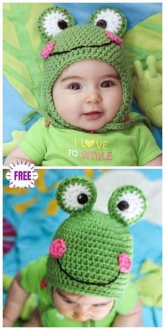 a baby wearing a crocheted frog hat