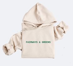 a white hoodie with the words fatways and greens printed on it