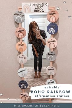 a woman taking a selfie in front of a mirror with the words, i can and do great things on it