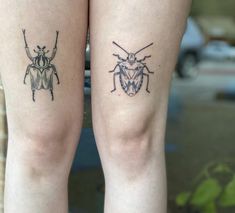 two tattoos on the legs of people with bugs tattooed on their legs, one has a bug and the other is a beetle