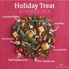 holiday treat rooibs tea with ingredients labeled in the top corner on a red background